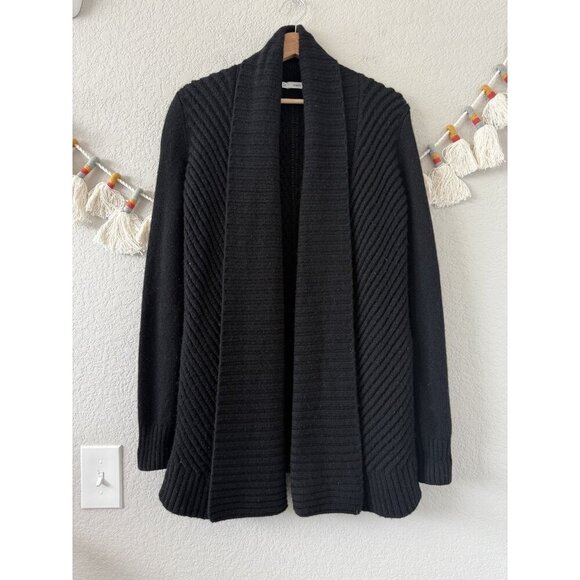 Vince Wool Yak Shawl Collar Open Front Ribbed Black Longline Cardigan Cozy S - Picture 1 of 9